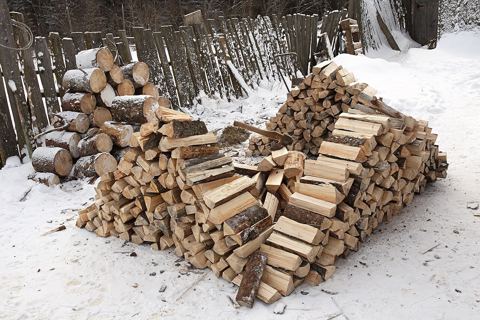 Поленница под навесом, поленья уложены торцами наружу